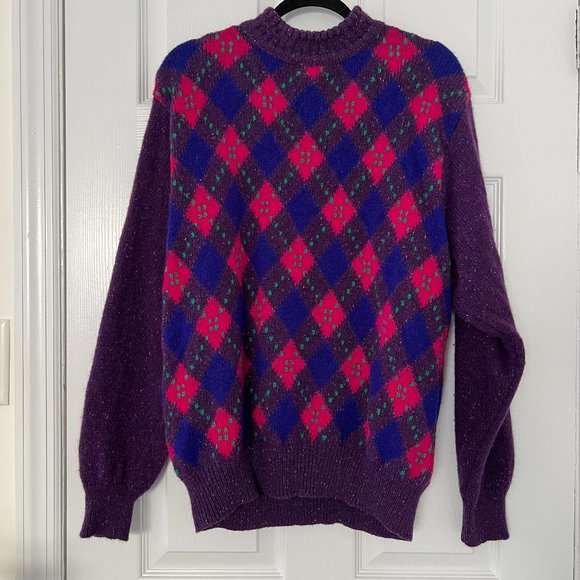 VTG Mens United Colors of Benetton Virgin Wool Argyle Mock Neck COLORFUL Sweater - Picture 1 of 9